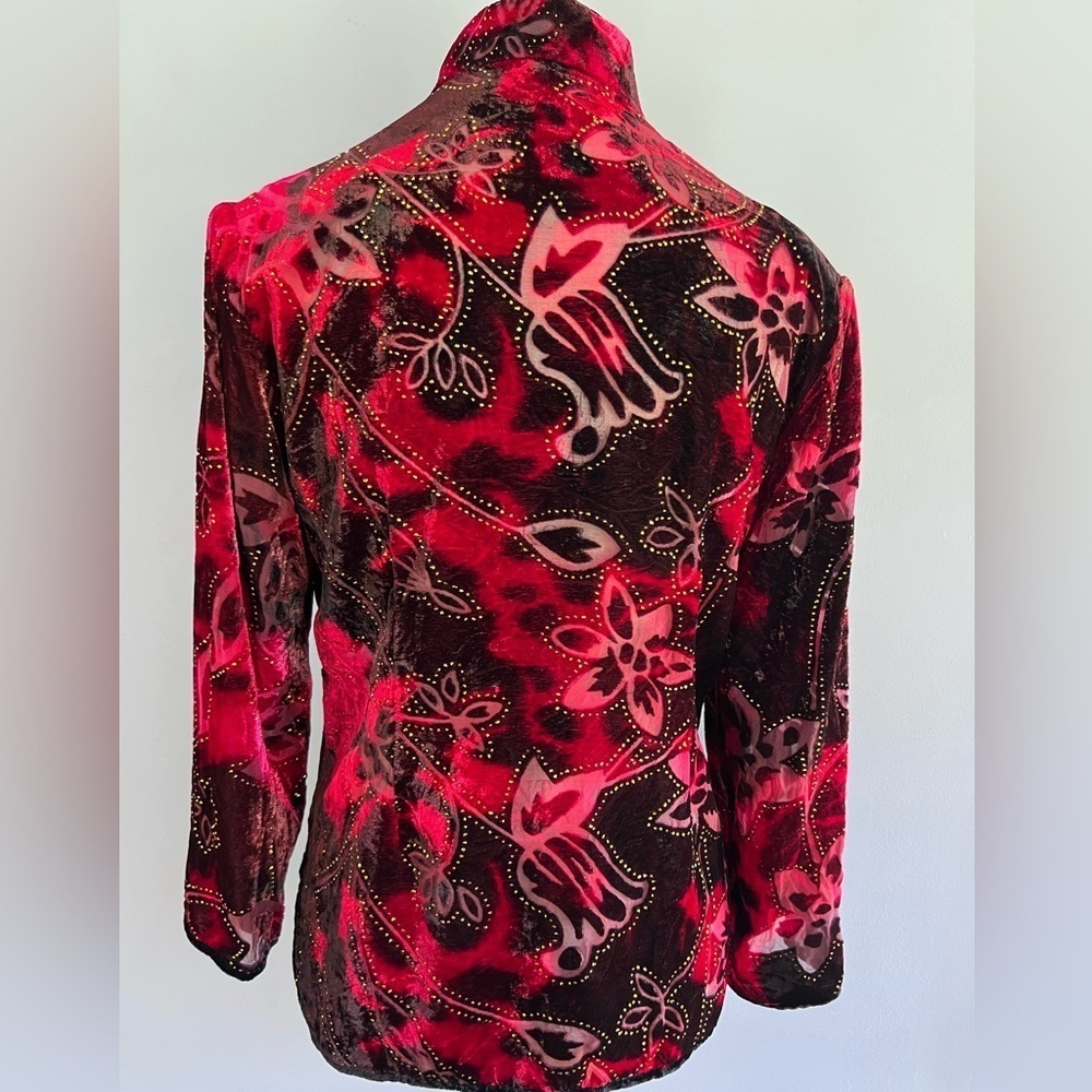 ARIA A Medium Fall Color Velvet Burnout Silk Blend Asian Kimono Top Frog Closure - Picture 9 of 12